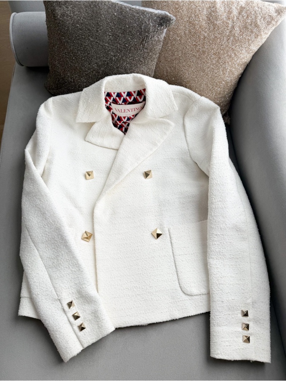Valentino Cream Bouclé Double-Breasted Jacket with Gold Pyramid Buttons - Picture 14 of 16